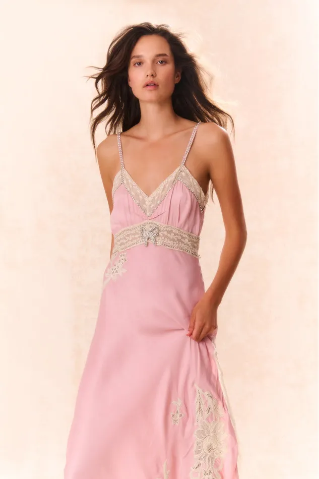 Dresses Women LoveShackFancy Valea Embellished Satin Maxi Dress Ash Pink