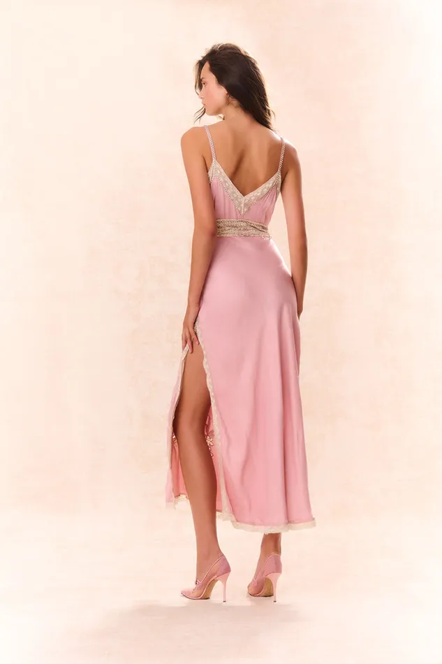 Dresses Women LoveShackFancy Valea Embellished Satin Maxi Dress Ash Pink