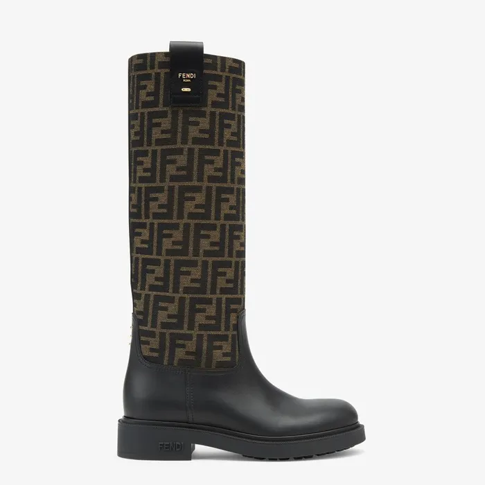 Fendi Boots and Ankle Boots Fendi Filo Black Leather And Brown FF Fabric Boots 8211 Women