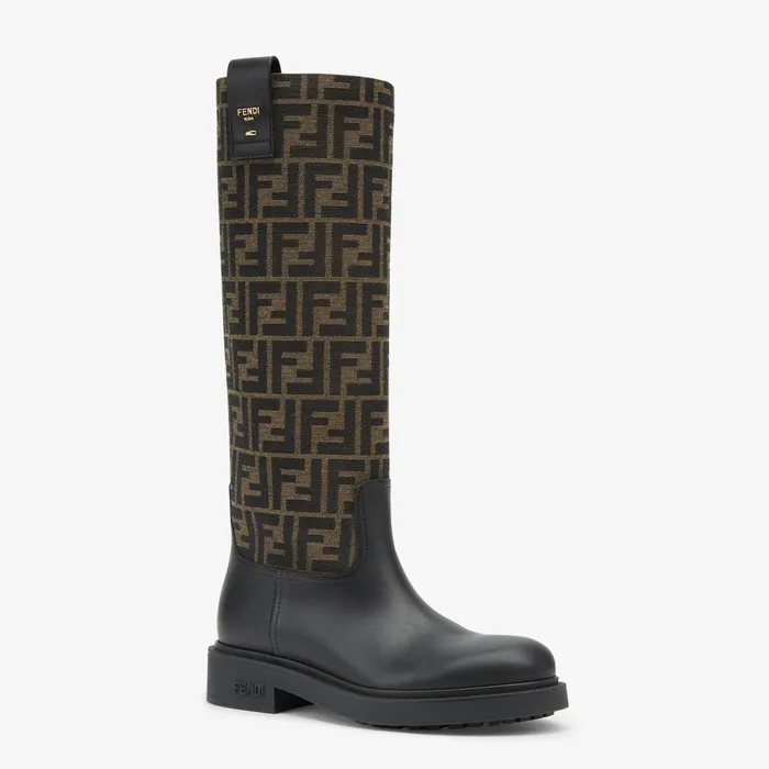 Fendi Boots and Ankle Boots Fendi Filo Black Leather And Brown FF Fabric Boots 8211 Women