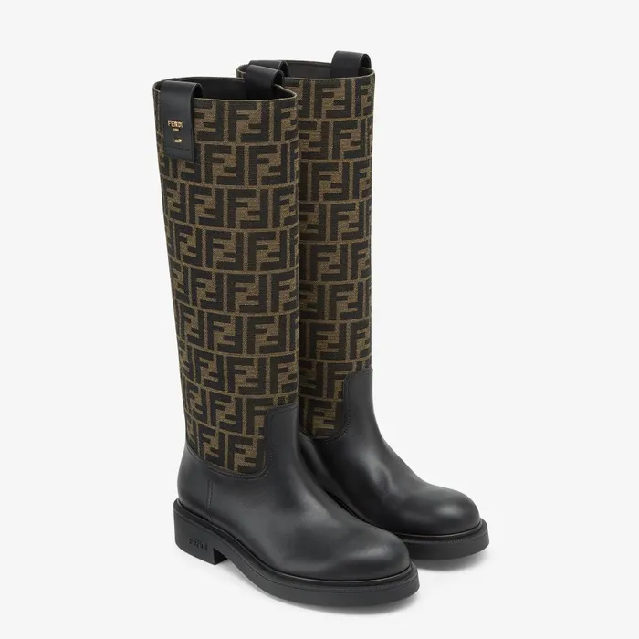 Fendi Boots and Ankle Boots Fendi Filo Black Leather And Brown FF Fabric Boots 8211 Women