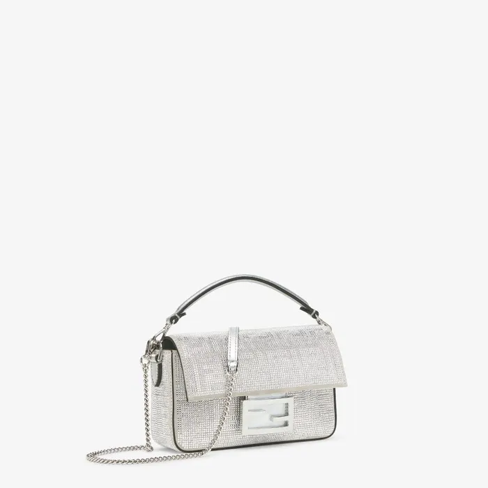 Fendi Shoulder and Crossbody Bags Baguette Mini Silver Leather Bag With Crystal FF Motif 8211 Women