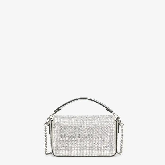 Fendi Shoulder and Crossbody Bags Baguette Mini Silver Leather Bag With Crystal FF Motif 8211 Women