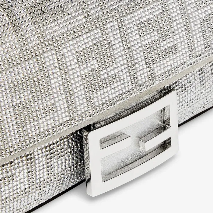 Fendi Shoulder and Crossbody Bags Baguette Mini Silver Leather Bag With Crystal FF Motif 8211 Women