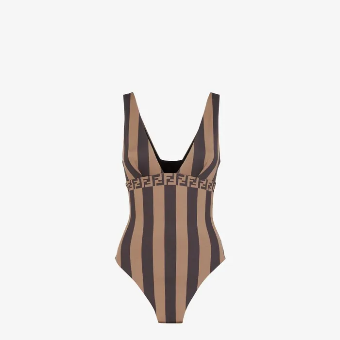Fendi Swimwear Swimsuit Brown Pequin Lycra Swimsuit 8211 Women