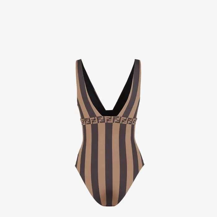 Fendi Swimwear Swimsuit Brown Pequin Lycra Swimsuit 8211 Women