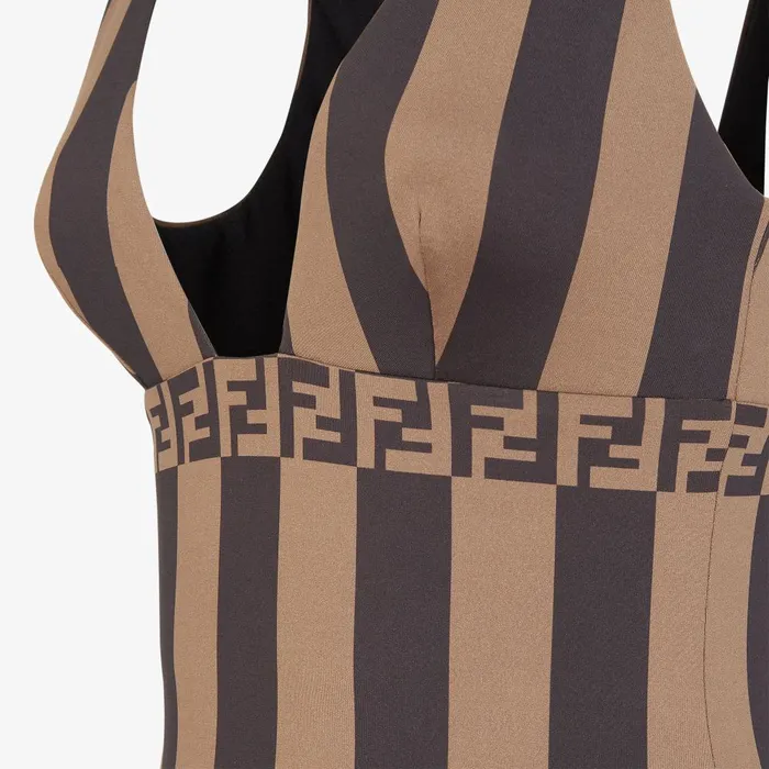 Fendi Swimwear Swimsuit Brown Pequin Lycra Swimsuit 8211 Women