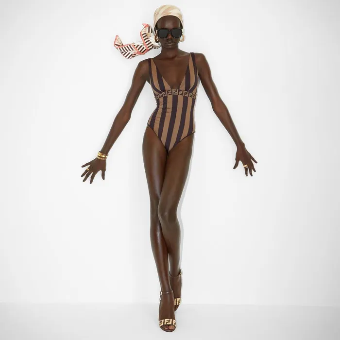 Fendi Swimwear Swimsuit Brown Pequin Lycra Swimsuit 8211 Women