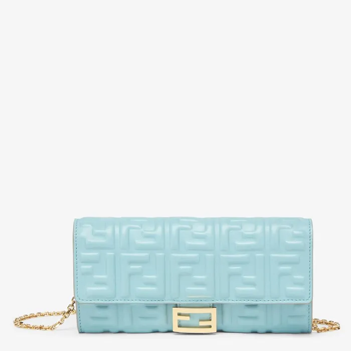Fendi Wallets On Chain Baguette Continental Wallet With Chain Light Blue Nappa Leather Wallet With FF Motif 8211 Women Fendi Wallets On Chain Baguette Continental Wallet With Chain Light Blue Nappa Leather Wallet With FF Motif 8211 Women