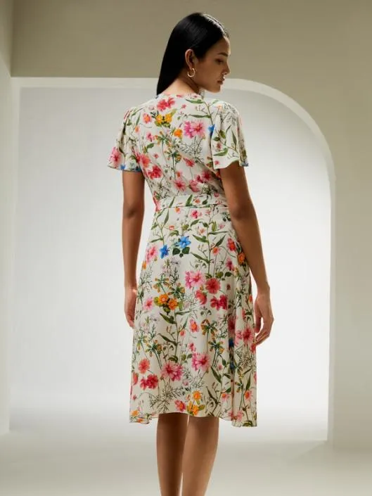 Floral Short Sleeve Silk Dress With Tie Belt Women Jumpsuits Lilysilk Dresses