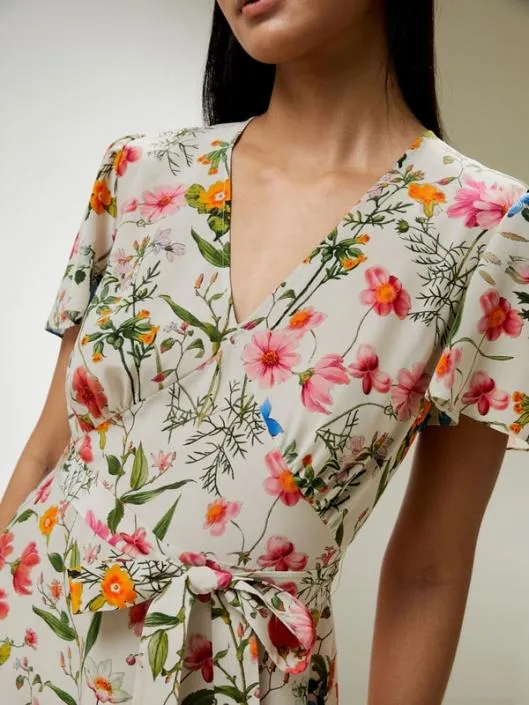 Floral Short Sleeve Silk Dress With Tie Belt Women Jumpsuits Lilysilk Dresses