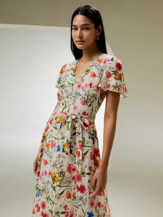 Floral Short Sleeve Silk Dress With Tie Belt Women Jumpsuits Lilysilk Dresses