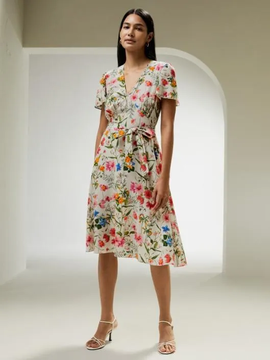 Floral Short Sleeve Silk Dress With Tie Belt Women Jumpsuits Lilysilk Dresses
