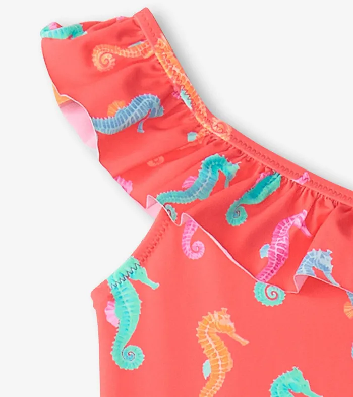 Girls Painted Sea Horses Ruffle Trim Swimsuit Hatley