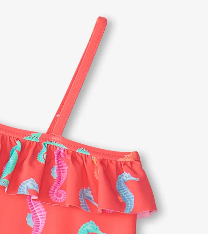 Girls Painted Sea Horses Ruffle Trim Swimsuit Hatley