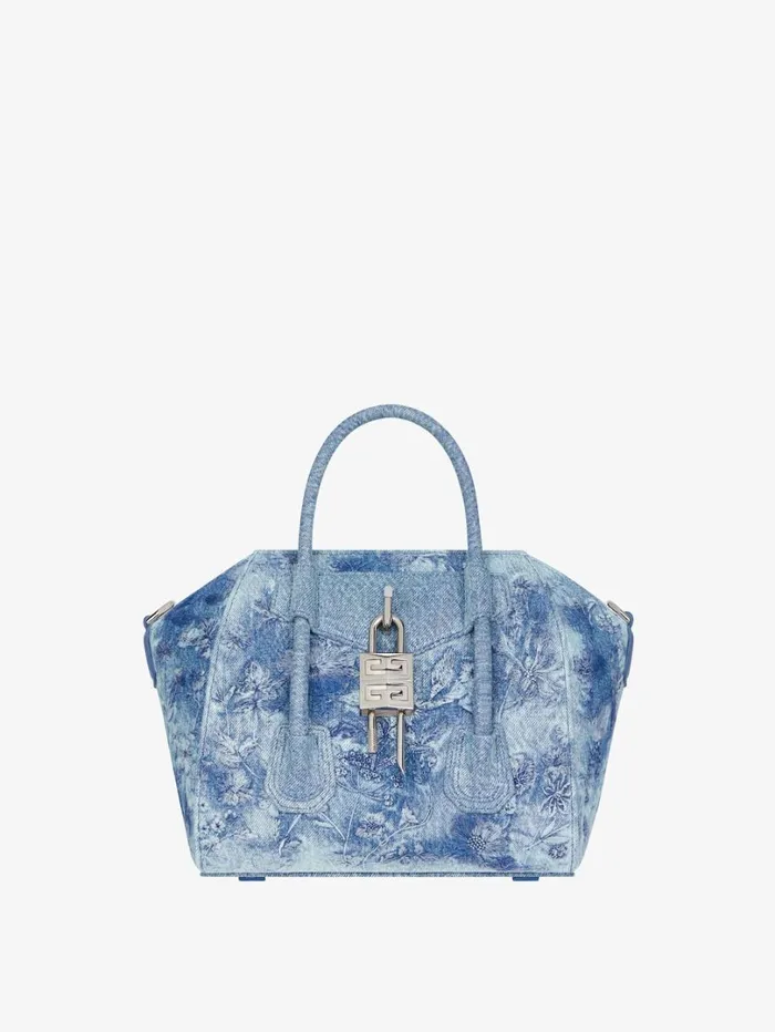 Givenchy Mini Antigona Lock Bag In Washed Embroidered Denim Medium Blue Women Crossbody Bags
