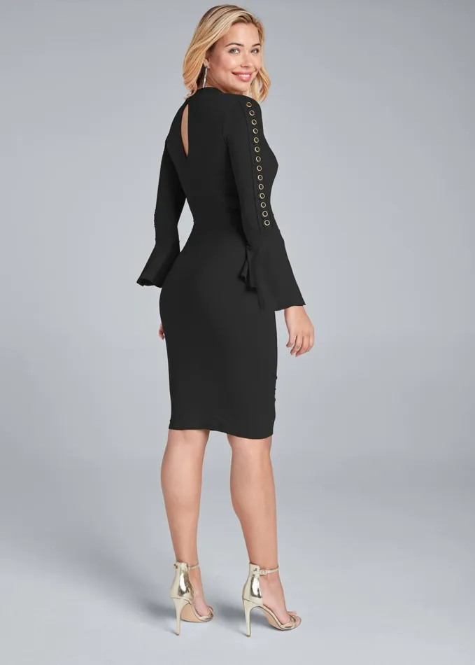 Grommet Detail Surplice Dress Black Women VENUS Midi Dresses