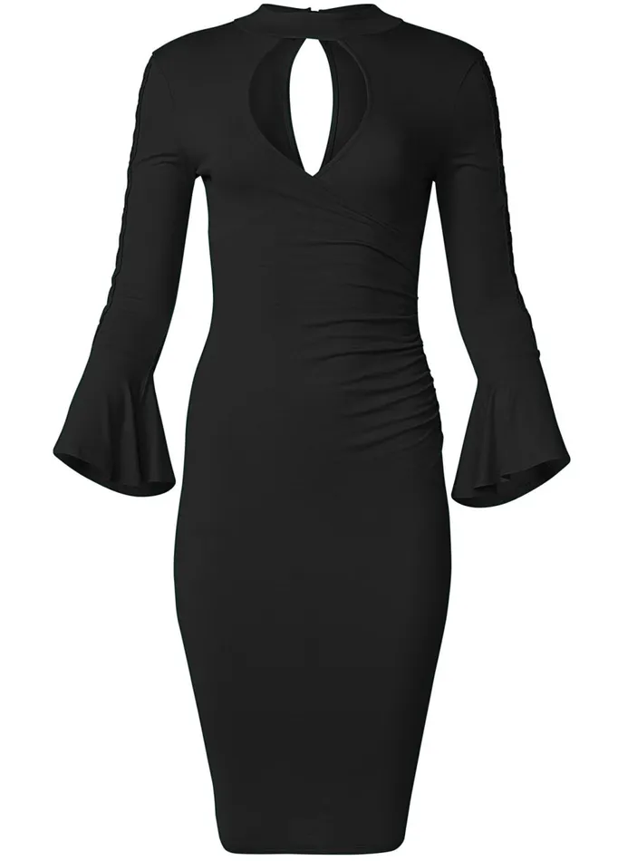 Grommet Detail Surplice Dress Black Women VENUS Midi Dresses