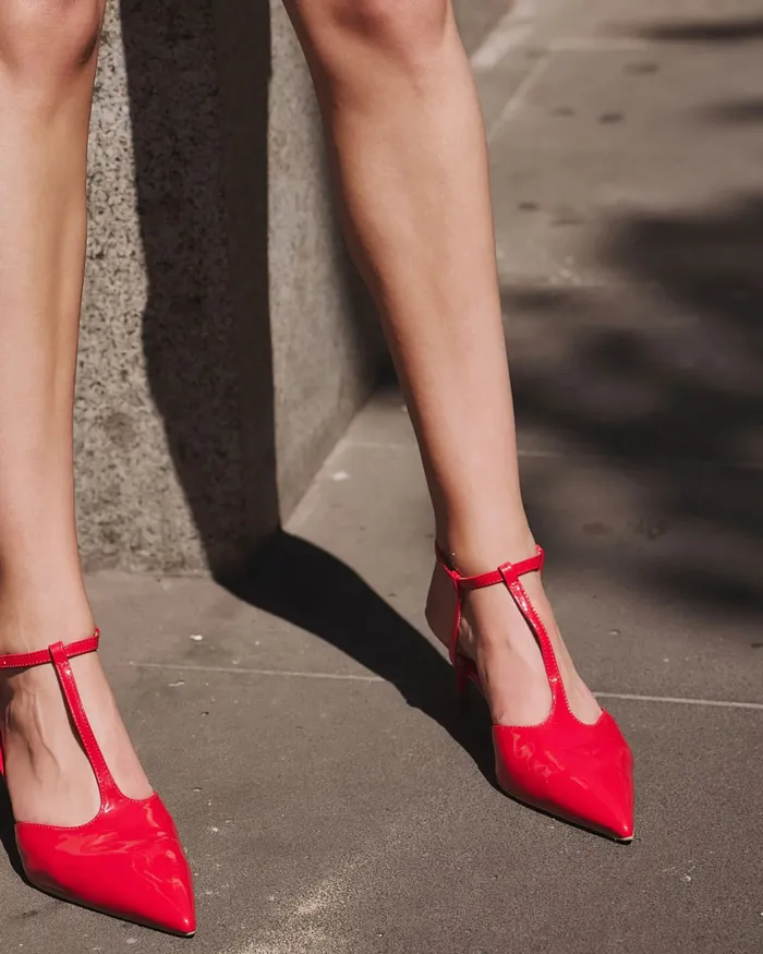 INVERGIO Red Patent Closed Toe Heels Women Party NOVO Shoes