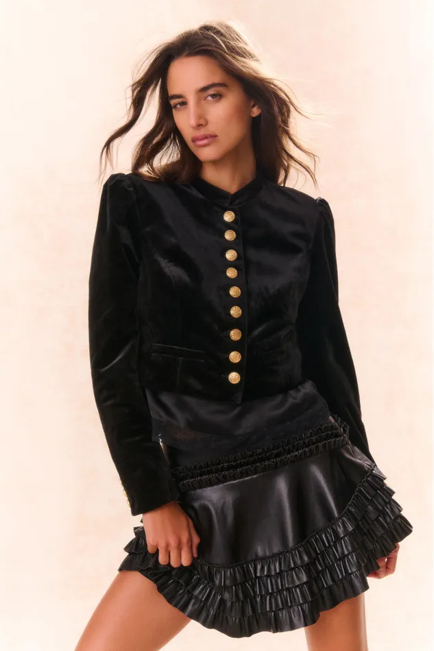 Jackets and Coats Women LoveShackFancy Pendine Velvet Military Jacket Black