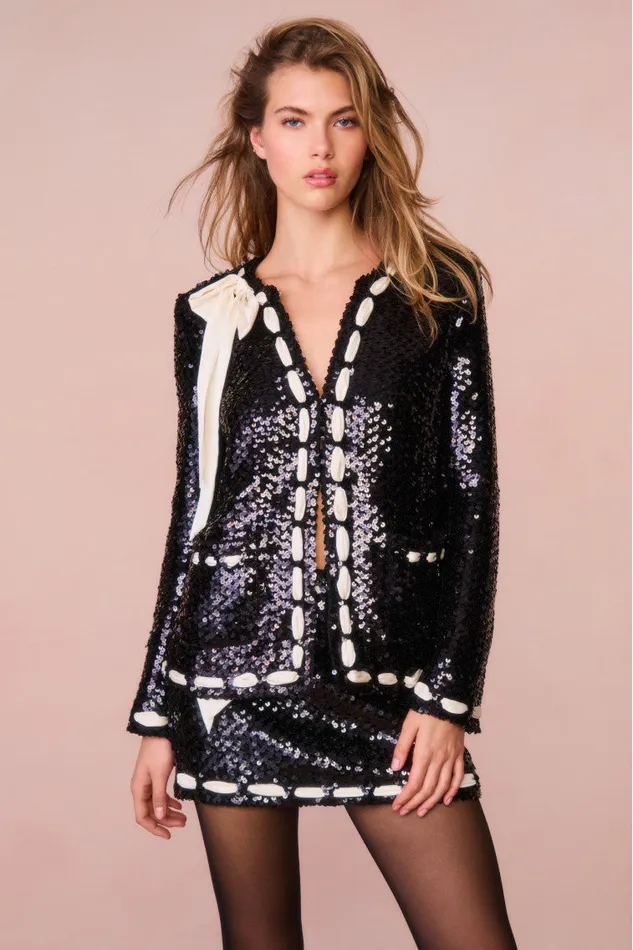 Jackets and Coats Women LoveShackFancy Rosina Ribbon Sequined Jacket Black