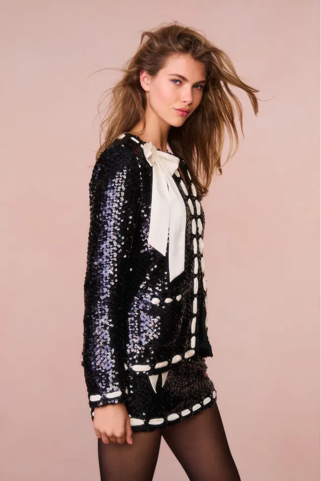 Jackets and Coats Women LoveShackFancy Rosina Ribbon Sequined Jacket Black