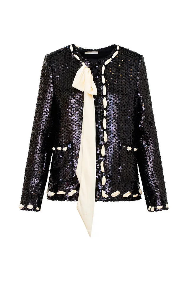 Jackets and Coats Women LoveShackFancy Rosina Ribbon Sequined Jacket Black