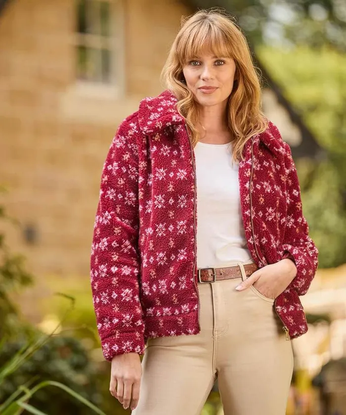 Joe Browns Coats and Jackets Women Cosy Cabin Patterned Fleece Jacket Red Joe Browns Coats and Jackets Women Cosy Cabin Patterned Fleece Jacket Red