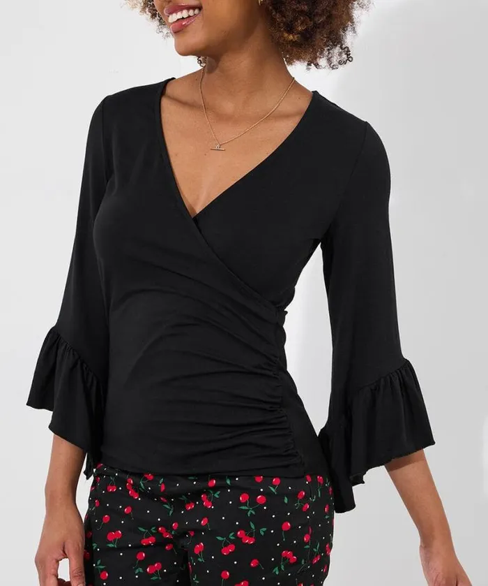 Joe Browns Tops Tunics and Blouses Women Marcie Black Frill Sleeve Jersey Wrap Top Black