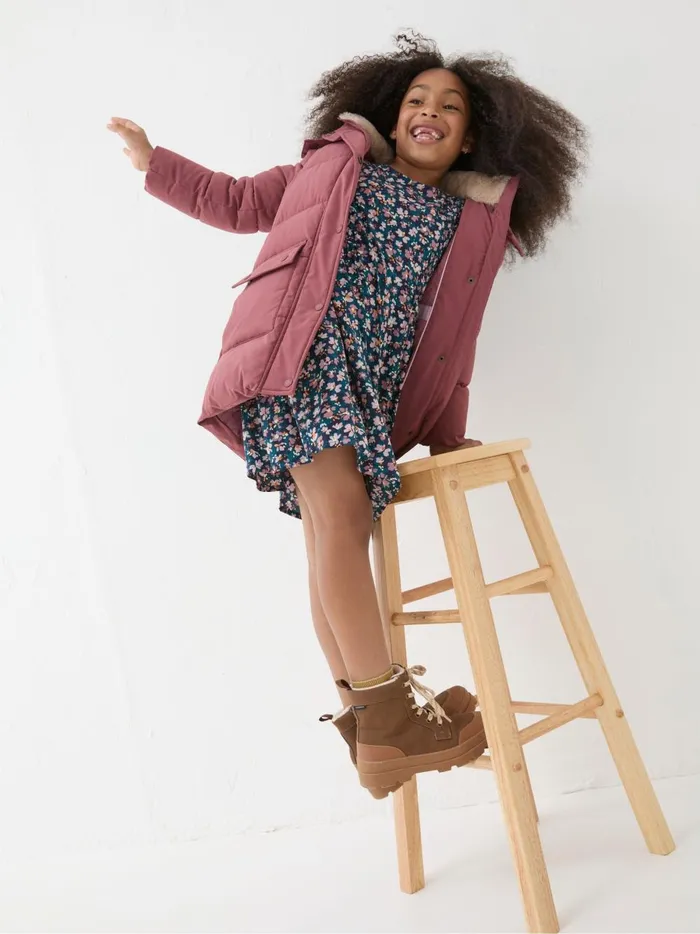 Kids Coats and Jackets Fat Face Letty Rose Pink Longline Padded Jacket