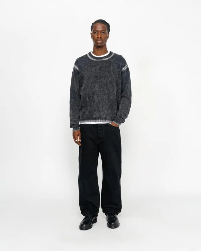 Knits MenWomen Stussy FADED COTTON KNIT CREW Black