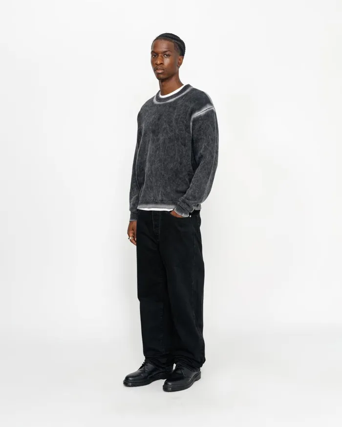 Knits MenWomen Stussy FADED COTTON KNIT CREW Black