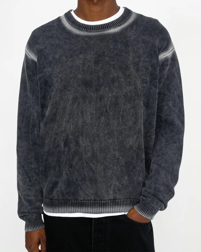 Knits MenWomen Stussy FADED COTTON KNIT CREW Black