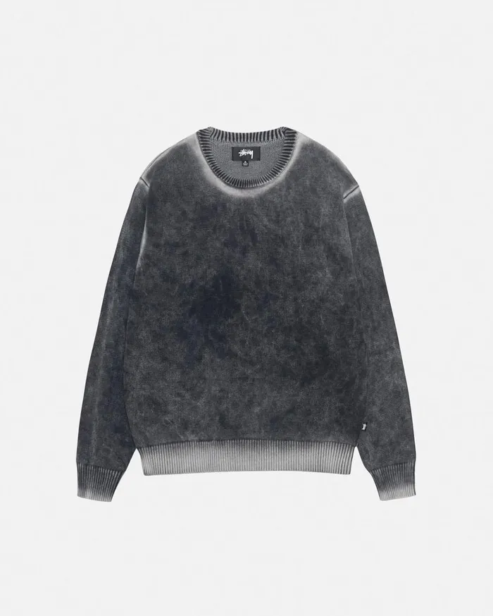 Knits MenWomen Stussy FADED COTTON KNIT CREW Black
