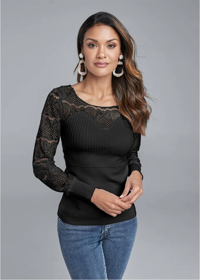 LACE SLEEVE SWEATER Black Women VENUS Sexy Sweaters