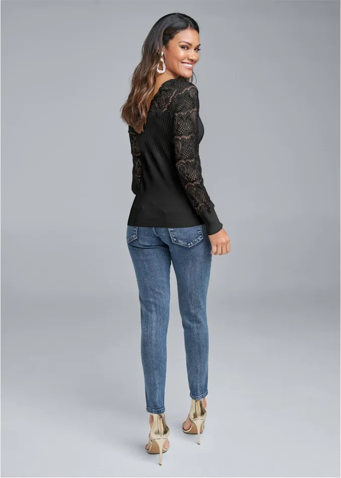 LACE SLEEVE SWEATER Black Women VENUS Sexy Sweaters