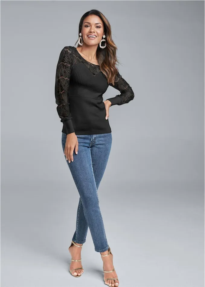 LACE SLEEVE SWEATER Black Women VENUS Sexy Sweaters