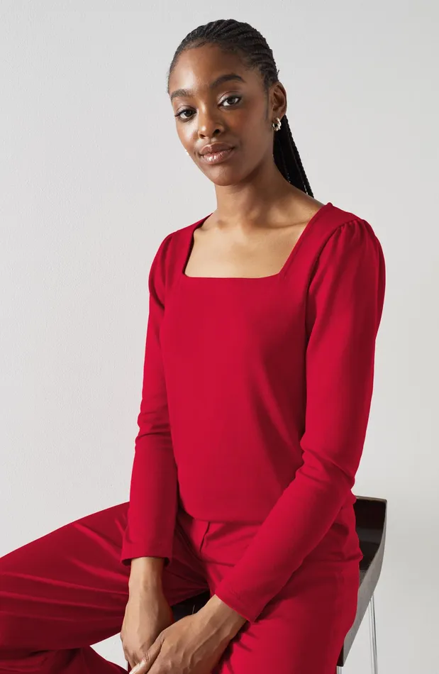 LK Bennett Alex Red Lenzing Ecovero Viscose Square Neck Top Women Tops
