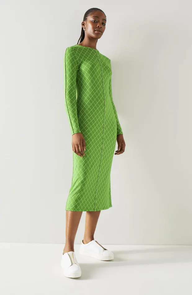 LK Bennett Annie Green Diamond Print Lenzing Ecovero Viscose Dress Women Dresses