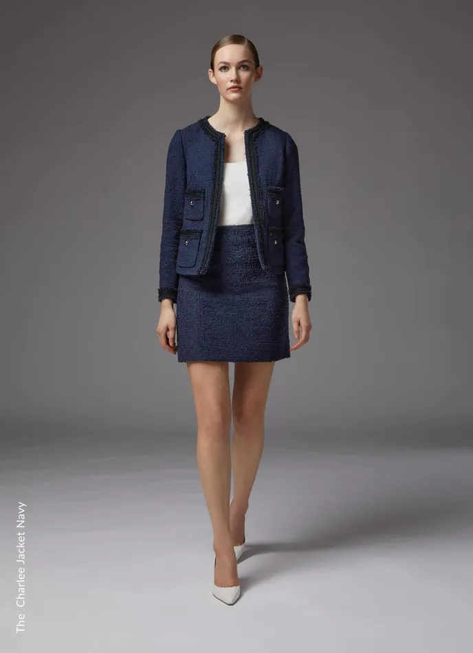 LK Bennett Charlee Navy Recycled Cotton Blend Tweed Jacket Women Coats and Jackets LK Bennett Charlee Navy Recycled Cotton Blend Tweed Jacket Women Coats and Jackets