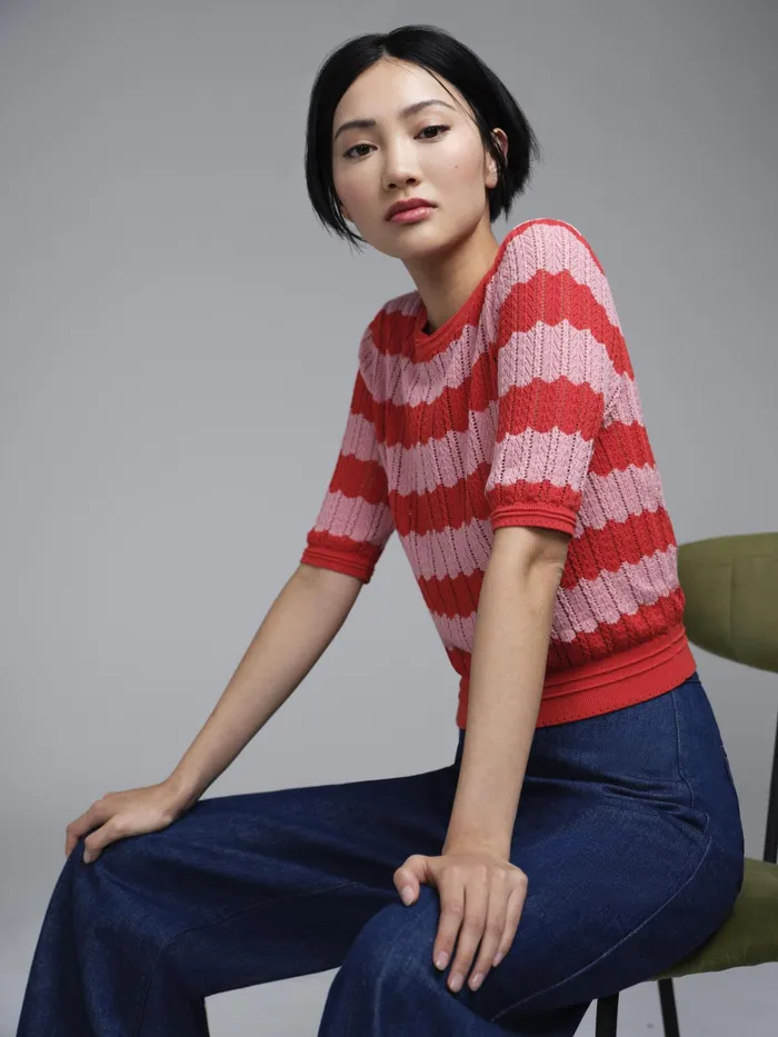 LK Bennett Cinzia Red And Pink CottonRayon Wavy Knitted Top Women Knitwear