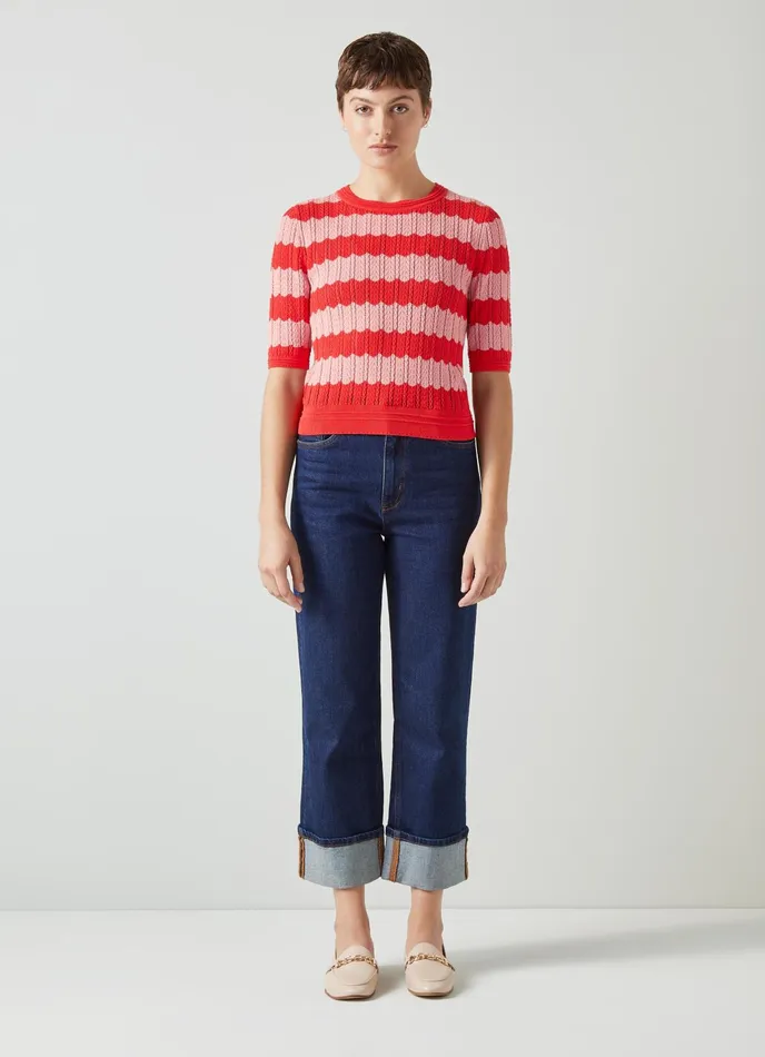 LK Bennett Cinzia Red And Pink CottonRayon Wavy Knitted Top Women Knitwear