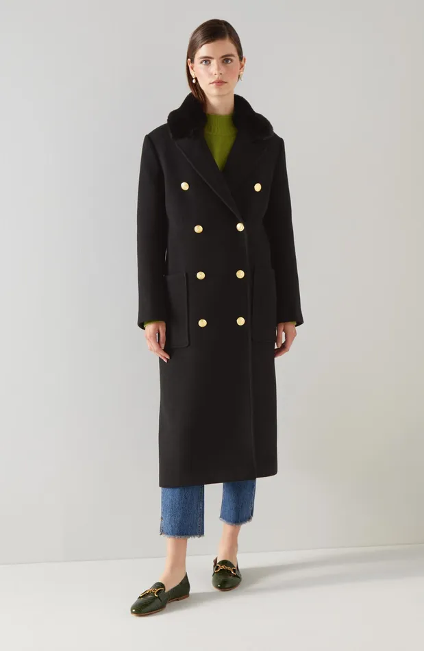 LK Bennett Crawford Black Recycled Wool Faux Fur Collar Coat Women Coats and Jackets
