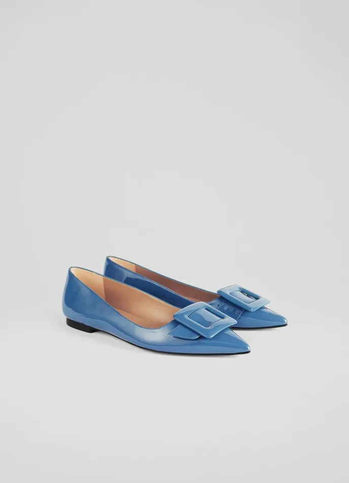 LK Bennett Devon Blue Patent Leather Buckle Flats Women Ballet Pumps