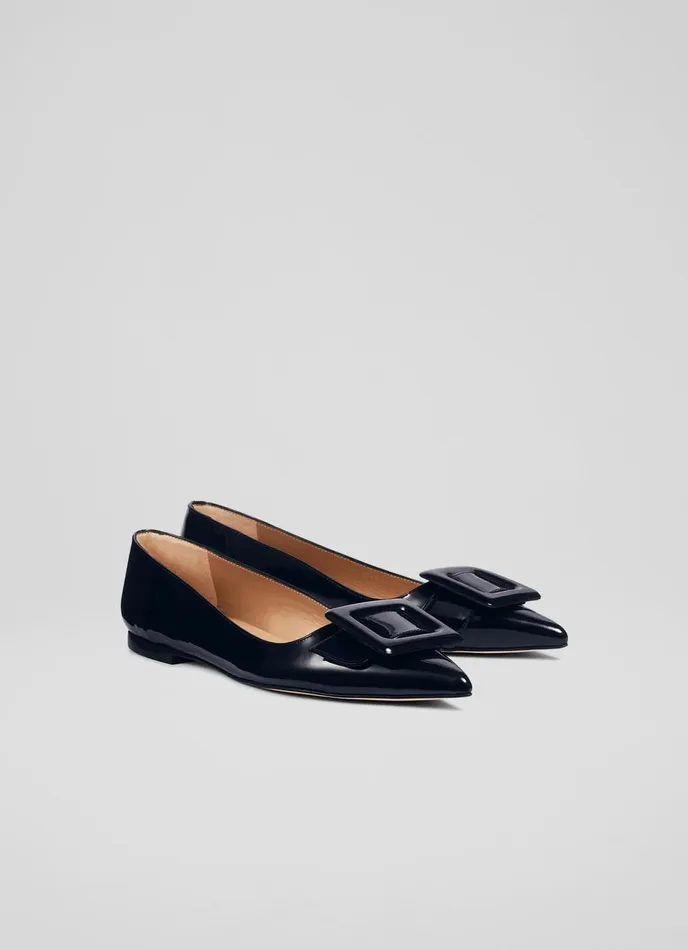 LK Bennett Devon Blue Patent Leather Buckle Flats Women Ballet Pumps