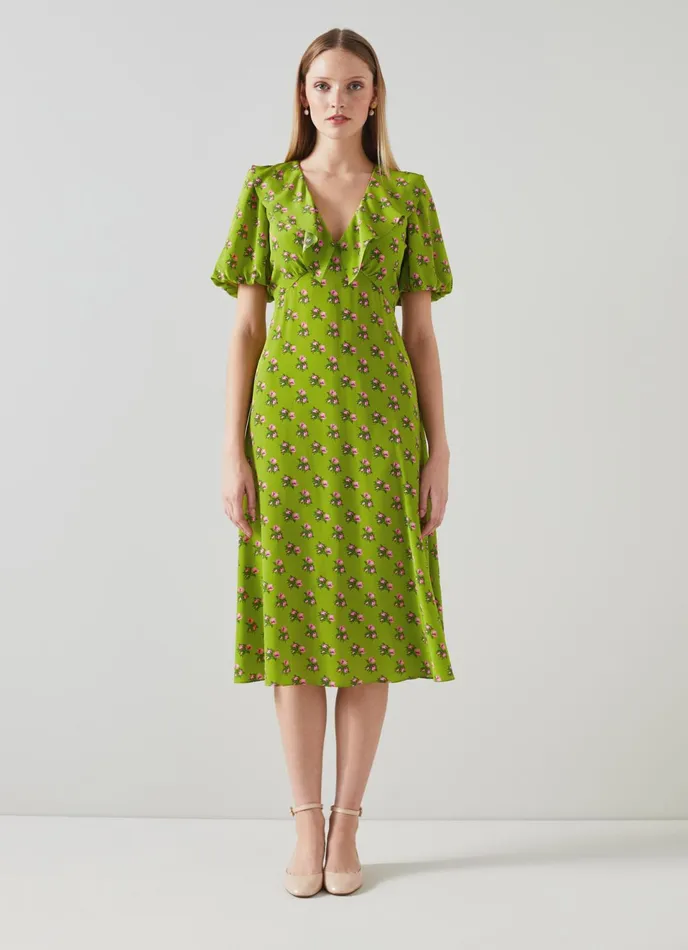 LK Bennett Edeline Green And Pink Rosebud Print Silk Dress Women Dresses