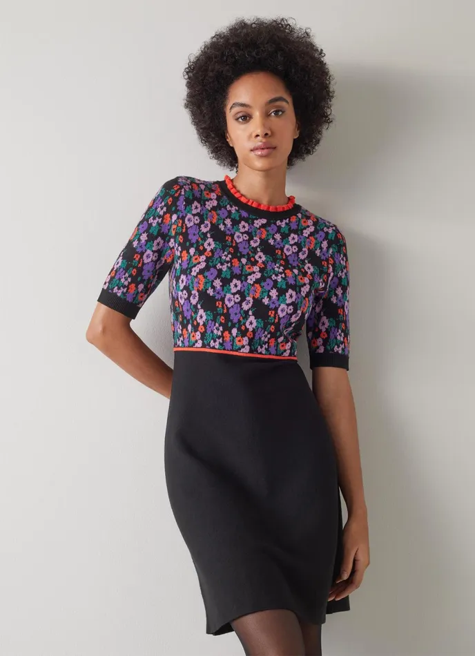 LK Bennett Joy Pop Floral Jacquard Lenzing Ecovero Viscose Knit Dress Women Dresses