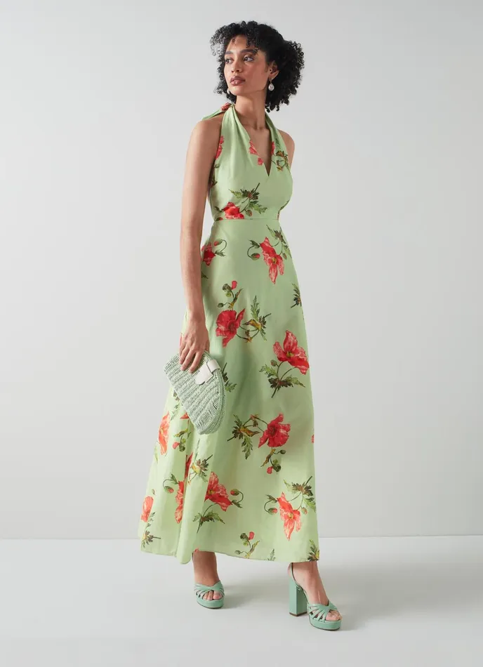 LK Bennett Kristen Pistachio Poppy Print CottonSilk Backless Dress Women Dresses