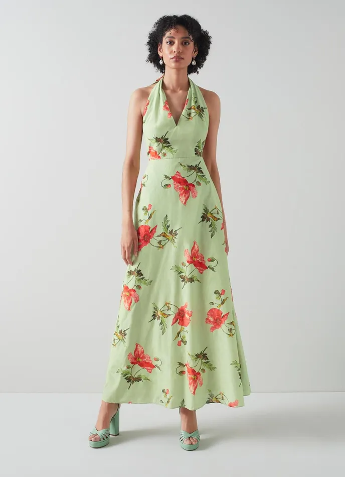 LK Bennett Kristen Pistachio Poppy Print CottonSilk Backless Dress Women Dresses