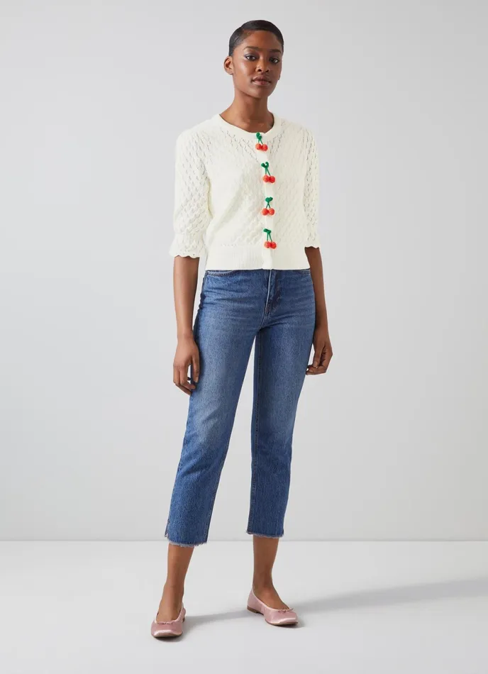 LK Bennett Mary Ivory Cotton Pointelle Cherry Button Cardigan Women Knitwear